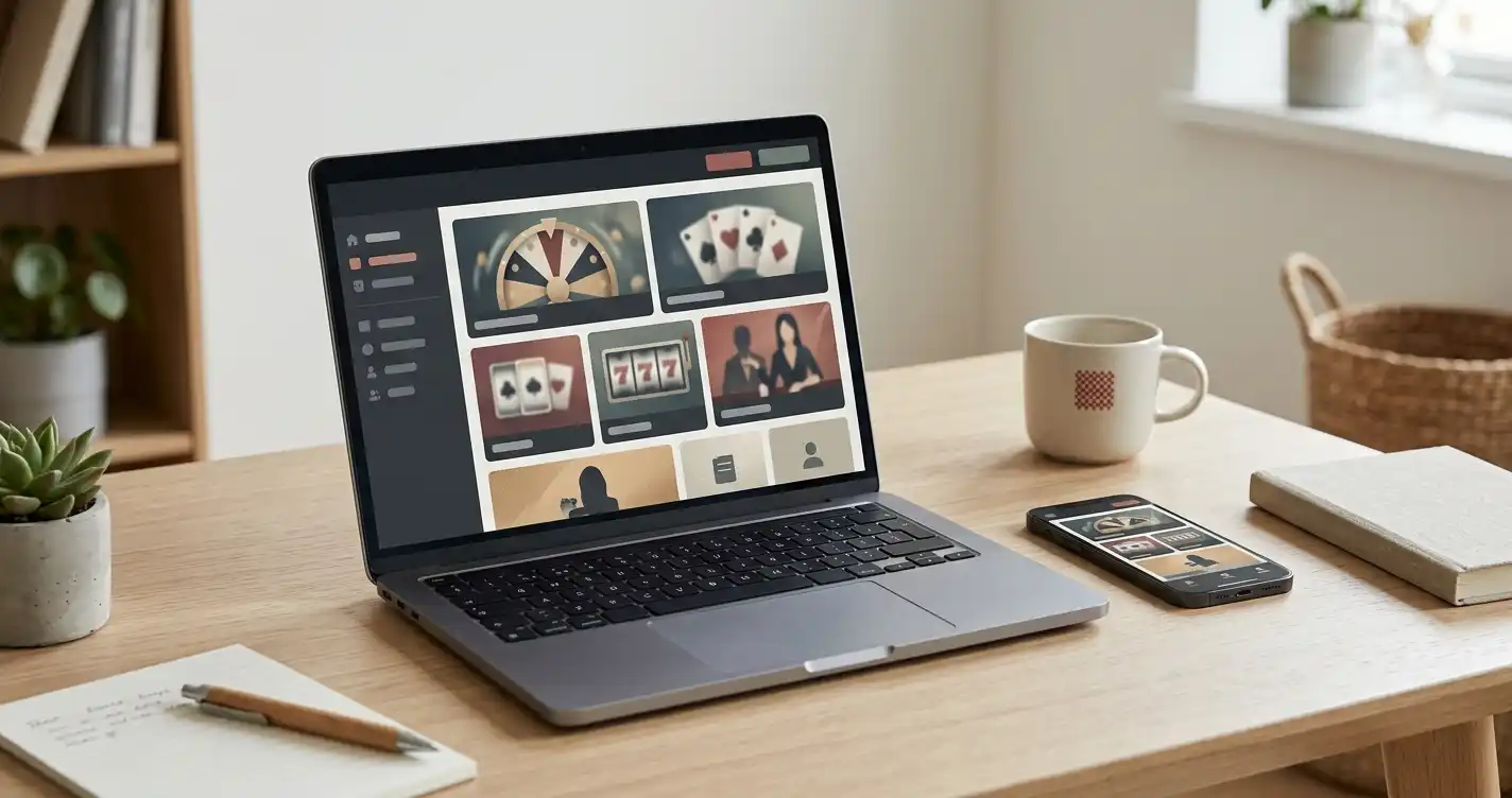 Redaktionel illustration af online casino på laptop og mobil