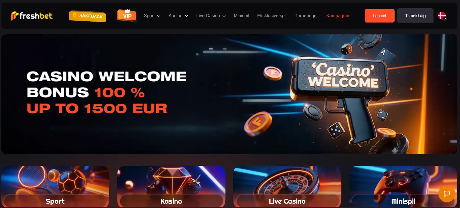 Visning af Freshbets navigation med casino og sportsbook